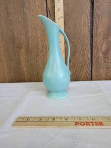 lot 1305 image: Vintage pottery vase pitcher teal signed LaVern 3-9-60