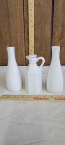 lot 1342 image: Xcell milk glass porcelain pitcher and two vases
