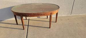 lot 1370 image: Vintage oval wooden coffee table wdrawer and glass insert 38L X 20W X 16 12H