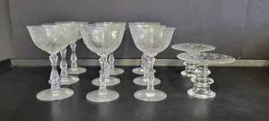 lot 1392 image: 9 Vintage Fostoria Heather cocktail glasses and two pedestal candy dishes