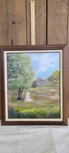 lot 1410 image: Hand painted canvas of girl under tree Mickie Duncan 1995