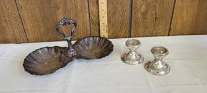 lot 1424 image: Double seashell tray and F.B. Rogers sterling silver candle stick holders