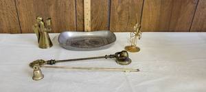 lot 1425 image: Vintage Pewter plate, two candle snuffers and two metal angel figurines