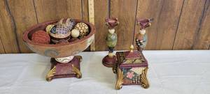 lot 1432 image: 4 piece set of a centerpiece bowl,candle sticks and a treat box-treat box has a scuff-see pics