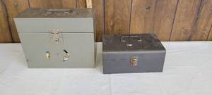 lot 1506 image: Metal storage tins- one has a Black&Decker 14 drill