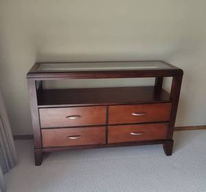 lot 127 image: Legacy Classic Vogue Sideboard - 59 W x 18D x 36 H - Glass Top Insert, 4 Drawers (Top 2 Felt Lined) and Open Shelf - Matches Lots 128 and 129