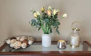 lot 135 image: Floral Arrangement, Candle, Lantern with Battery Candle and Metal Basket with Decorative Balls