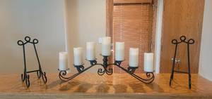 lot 160 image: Metal 7 Candle Holder with Battery Powered Candles and 2 Heavy Wrought Iron Picture Art Stands