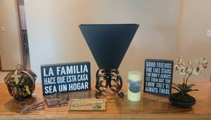 lot 162 image: Large Heavy Black Metal Vase, Floral, Signs, Candle, Coasters and Glass Advertisement Dish