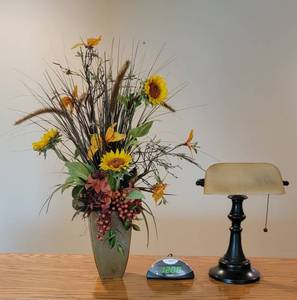 lot 182 image: Bankers Lamp 15 Tall, Alarm Clock and 29 Floral Arrangement