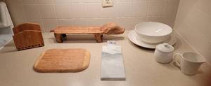 lot 233 image: Jeremie Wooden Pig Tray 30, Sango Serving Pieces, Cutting Board and Wood Napkin Holder