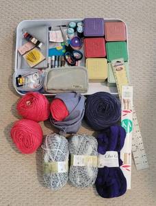 lot 263 image: Large White Tray, Sewing Supplies and Yarn