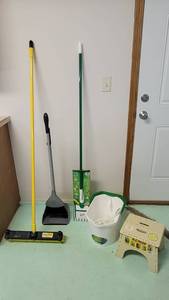 lot 278 image: Brooms, Mop, Mop Bucket and Foldable Step Stool
