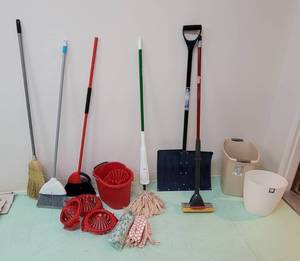 lot 281 image: Brooms, Mops with Bucket, Snow Shovel and Trash Cans