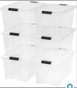 lot 55361 image: IRIS USA 53 Qt. Plastic Storage Bin Tote Organizing Container with Durable Lid and Secure Latching Buckles, Stackable and Nestable, 6 Pack, clear with Black Buckle