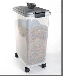 lot 55377 image: Wheeled Pet Food Container with Lid - Storage for Dry Dog, Cat Pellets