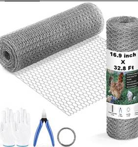lot 55382 image: Brand Aovky 4.7 out of 5 stars58Reviews Chicken Wire Fencing Mesh 16.9 inch X 32.8 Ft, 0.6 Inch Hexagonal Galvanized Floral Chicken Wire Fence for Crafts Garden Poultry, Metal Hardware Cloth Netting for Chicken Coops Rabbit Rodent Cage