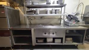 lot 2458 image: 9ft Stainless Steel Steam Table  Prep Table W 2-Tier Shelving