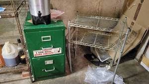 lot 6985 image: Green Two Drawer Filing Cabinet, Short 2-Tier Shelf, and a Hot Beverage Dispenser