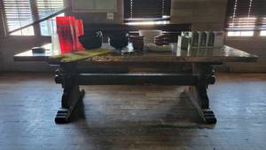 lot 8766 image: 8ft Handcrafted Reclaimed Lumber Dining Table W Hammered Copper Top