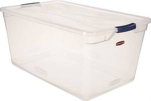lot 73801 image: Rubbermaid Cleverstore 95 Quart Clear Plastic Storage Container & Lid, (4 Pack)