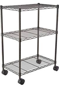 lot 38285 image: Amazon Basics 3-Shelf Adjustable, Heavy Duty Storage Shelving Unit on 4 Wheel Casters, Metal Organizer Wire Rack, Black (23.2L x 13.4W x 32.75H)