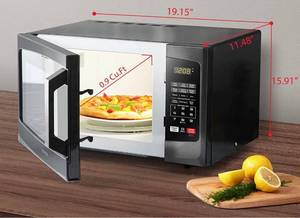 lot 38293 image: Toshiba EM925A5A-BS Countertop Microwave Ovens  0.9 Cu Ft  10.6 inch Removable Turntable  900W  6 Auto Menus  Mute Function  Eco Mode  Child Lock  LED Lighting  Black Stainless Steel