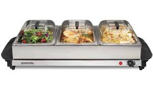 lot 38300 image: Proctor-Silex Buffet Server & Food Warmer, Adjustable Heat, Three 2.5 Quart Oven-Safe Chafing Dish Set, Stainless Steel
