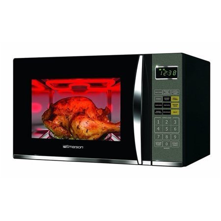 lot 5011 image: Emerson 1.2 Cu. Ft. 1100W Black Microwave with Grill - cracked spinner ring see pic