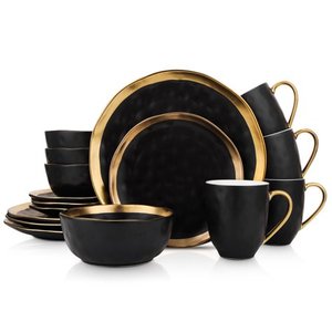lot 38093 image: Stone Lain Florian Modern Porcelain Dish Set 16-Piece Dishes for 4 Gold and Black