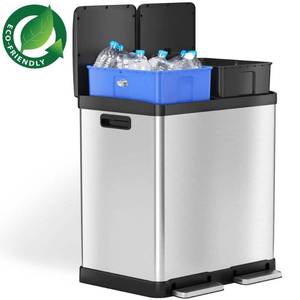 lot 38101 image: iTouchless SoftStep Stainless Steel Step Recycler Trash Can, 60 Liter  16 Gallon (2, 8-gallon removable Inner Buckets)