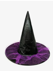 lot 3192 image: NuFazes Halloween Witch Hat with Purple Tulle and Sequins Black Witch Cap for Adults Halloween Costume Accessory Womens