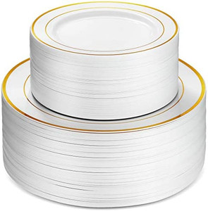 lot 3215 image: 40 White Gold Rim Plastic Party Plates - 20Premium Heavy Duty 10.25 Inch Dinner Plates and 20Disposable 7.5 Inch Dessert Plates - Elegant and Sturdy Wedding Party Plates