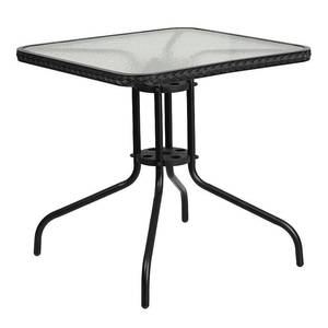 lot 3236 image: Flash Furniture 28 Square Tempered Glass Metal Table with Black Rattan Edging