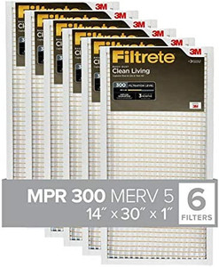lot 3245 image: Filtrete 14x30x1, AC Furnace Air Filter, MPR 300, Clean Living Basic Dust, 6-Pack (exact dimensions 13.81 x 29.81 x 0.81)