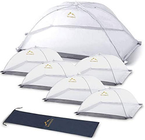 lot 3252 image: WAIHEKE Mesh Food Tent Set - 1 XL Food Cover (49x27x17)  5 Large Covers (17x17x9) for Home & Outdoor Use - Fine Netting Solid Skirting & Tough Steel Rods - Silver Food Nets for Sleek Design (6 Pack)
