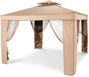 lot 3253 image: Happybuy Outdoor Canopy Gazebo Tent, Portable Canopy Shelter with 10x10 Large Shade Space for Party, Backyard, Patio Lawn and Garden, 4 Sandbags, and Netting Included, Brown