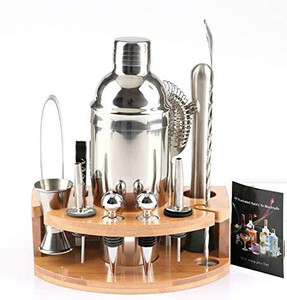 lot 3283 image: Green Science Bartender kit with Bamboo Stand - 25 oz Professional Cocktail Shaker Set - Stainless Steel Barware Tools with Jigger, Muddle & Strainers for Best Home Bar Drink Mixing the stand is broken could be fixed fairly easy