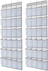 lot 3339 image: Over The Door Mesh Pocket Shoe Organizer 24 Large Breathable Pockets Hanging Shoe Holder for Maximizing Shoe Storage, Accessories, Toiletries, Laundry Items 2 Pack (White, 2 Pack)��