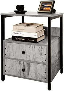 lot 3356 image: Lerliuo Nightstand, Side Table, Industrial Bedside Table with 2 Drawers and Open Shelf, Grey Night Stand, End Table with Steel Frame for Bedroom, Dorm, GrayBlack 23.6H (Grey)