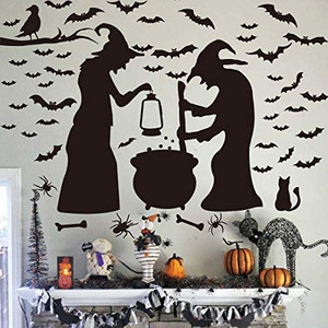 lot 3362 image: Ivenf Halloween Decorations, Wall Decal Window Decor Party Supplies, 2 Witches with Bats Spider Cat and Crow and much more 4 pages total