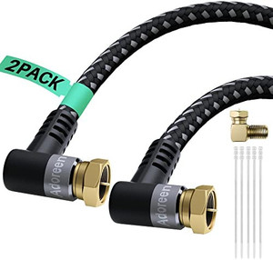 lot 6916 image: RG6 Coaxial Cable 1.5 Feet2 Pack-90 Angled to 90 Angled Male F Type,Adoreen Quad Shielded Coax Cord(1.5 to 100ft) Gold Plated Nylon Braided-with a 90 Degree Male to Female Adapter and 15 Ties