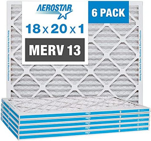 lot 6926 image: Aerostar 18x20x1 MERV 13 Pleated Air Filter, AC Furnace Air Filter, 6-Pack (Actual Size 17 34 x 19 34 x 34)
