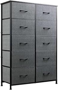 lot 6943 image: WLIVE 10-Drawer Dresser, Fabric Storage Tower for Bedroom, Hallway, Nursery, Closets, Tall Chest Organizer Unit with Textured Print Fabric Bins, Steel Frame, Wood Top, Easy Pull Handle, Dark Grey
