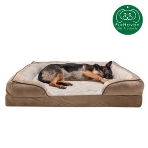 lot 7625 image: FurHaven Pet Dog Bed  Memory Foam Perfect Comfort Velvet Waves Sofa-Style Couch Pet Bed for Dogs & Cats Brownstone Jumbo Plus