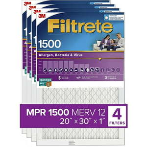 lot 7626 image: Filtrete 20x30x1 AC Furnace Air Filter MPR 1500 Healthy Living Ultra Allergen 4-Pack exact dimensions 19.84 x 29.84 x 0.78