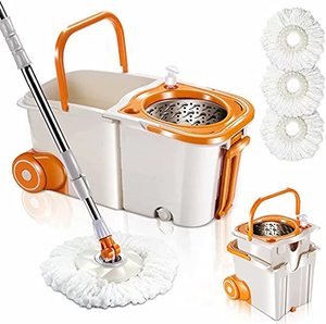 lot 7638 image: MASTERTOP Spin Mop Bucket System with Wringer Set - Floor Mop Stainless Steel Mop Handle, Mop Buckets Separate Clean and Dirty Water, 4 Washable Microfiber Mop Head, Cleaning Bucket Easy to Store