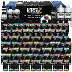 lot 7640 image: U.S. Art Supply Pouring Masters 84-Color Ready to Pour Acrylic Pouring Paint Set MSRP $119.99