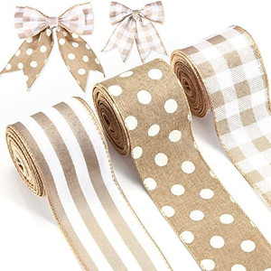 lot 7714 image: Wiaxin 3 Rolls Burlap Wired Ribbons Plaid Wrapping Striped Gingham Grosgrain Ribbon Dot Pattern