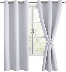 lot 7717 image: Hiasan Room Darkening Window Curtains for Bedroom, Thermal Insulated, Energy Saving Blackout Curtains, Set of 2 Panels, Sewn with Tiebacks, Grommet Top (Greyish White, Width 42 Inch x Length 63 Inch)